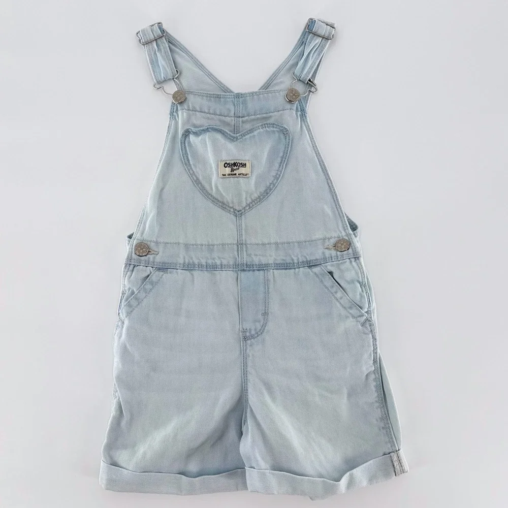 OSHKOSH B'GOSH Girls Denim Shortalls 5T Light Wash Heart Pocket Overalls